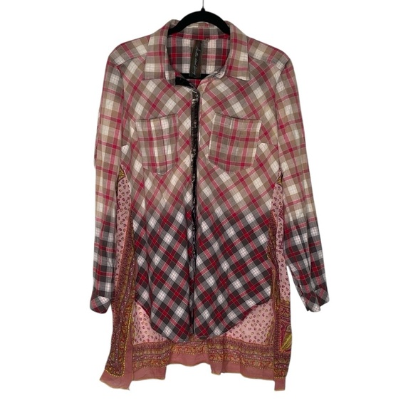 Anthropologie Aratta Silent Journey Boho Multicolor Plaid Button-Down Top - Picture 4 of 8